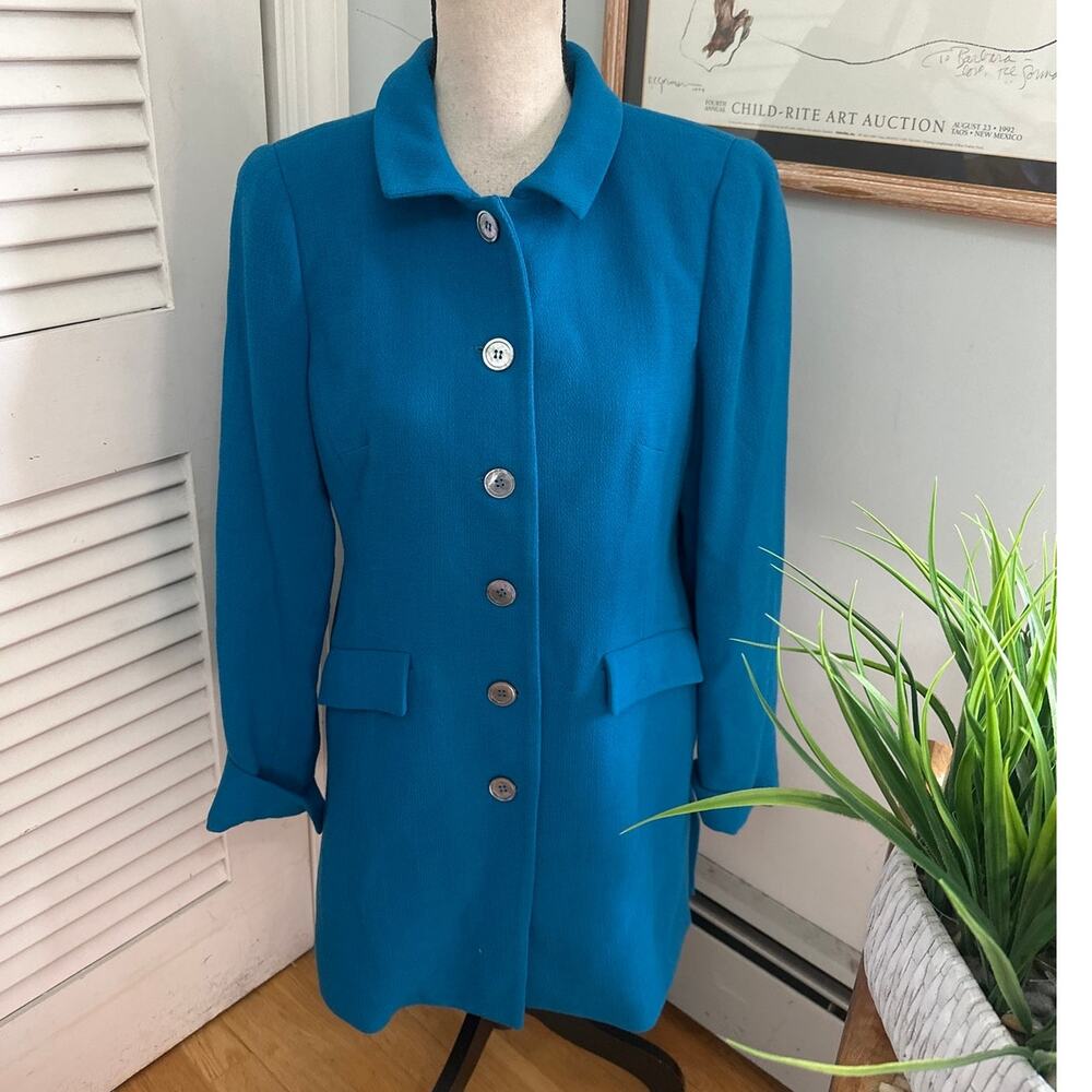 Nina McLemore Coat Womens 4 Teal Blue Wool Long Line Jacket Minimalist Capsule